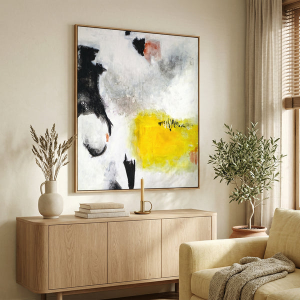 Oversized Black Yellow Abstract Wall Art — Original Oil Painting, Textured Canvas — "Sign (Vertical Ver.)"