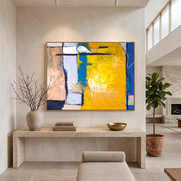 Vibrant Yellow Bold Abstract Wall Art — Modern Original Oil Painting, Textured Canvas — "Suburban (Horizontal Ver.)"