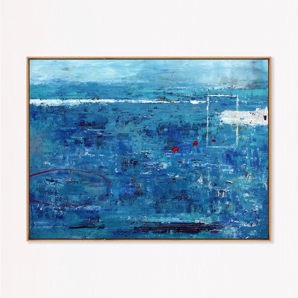 Moody Blue Abstract Wall Art — Large Original Oil Painting, Textured Canvas — "Red dot transported (Horizontal Ver.)"