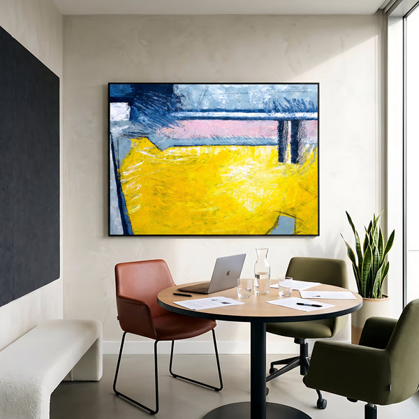 Large Yellow Modern Abstract Wall Art — Original Oil Painting, Textured Canvas — "Reinforce (Horizontal Ver.)"