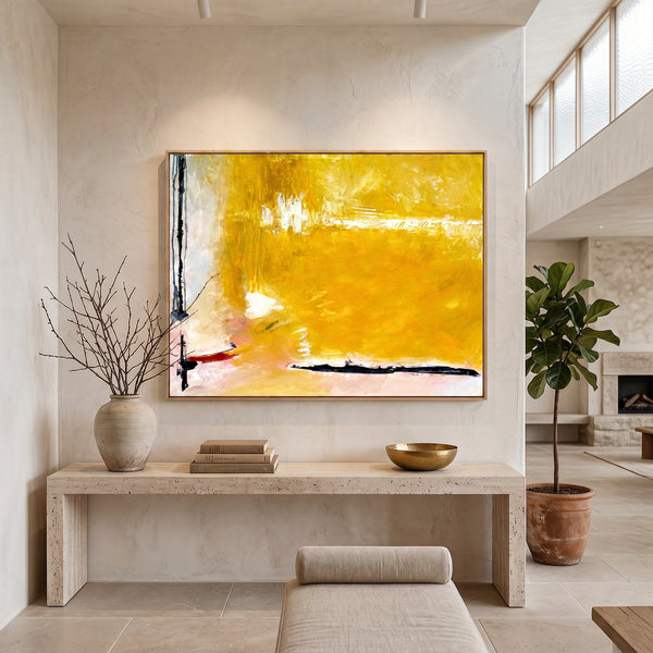 Large Yellow Modern Abstract Wall Art — Original Oil Painting, Textured Canvas — "Reminiscent (Horizontal Ver.)"