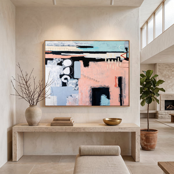 Bold Pink Modern Abstract Wall Art — Original Oil Painting, Textured Canvas — "Archive of longings (Horizontal Ver.)"