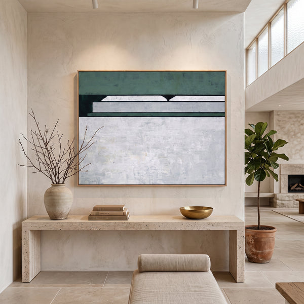 Large Moody Blue Abstract Wall Art — Original Oil Painting, Textured Canvas — "Room I (Horizontal Ver.)"