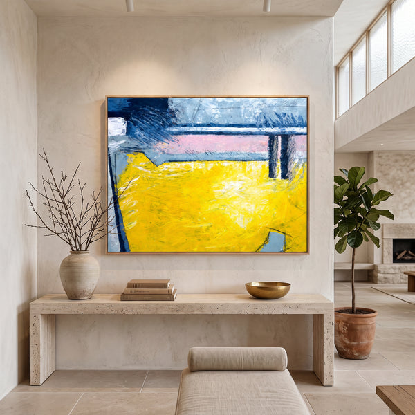 Large Yellow Modern Abstract Wall Art — Original Oil Painting, Textured Canvas — "Reinforce (Horizontal Ver.)"