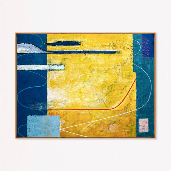 Large Yellow Teal Abstract Wall Art — Modern Original Oil Painting, Textured Canvas — "Summer time (Horizontal Ver.)"