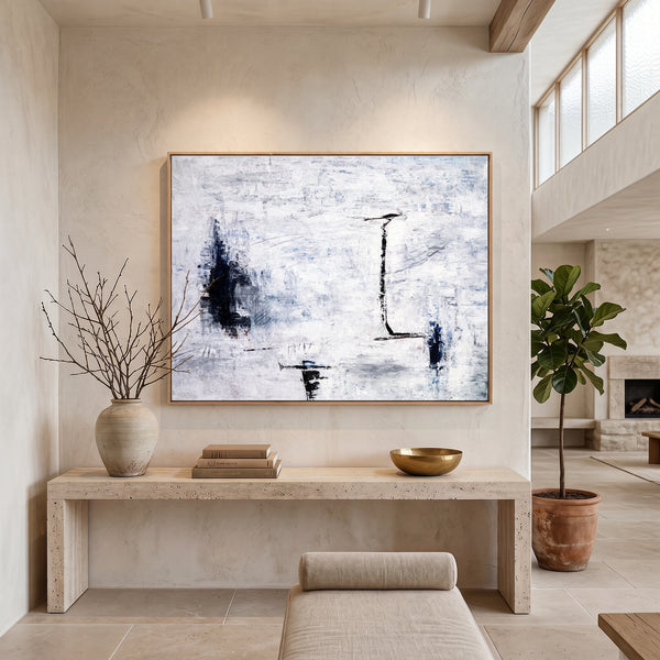 Large Abstract Wall Art — Minimalist Black White Original Oil Painting, Textured Canvas — "Trace (Horizontal Ver.)"