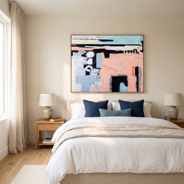 Bold Pink Modern Abstract Wall Art — Original Oil Painting, Textured Canvas — "Archive of longings (Horizontal Ver.)"