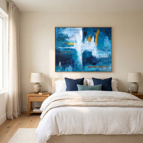 Moody Blue Abstract Wall Art — Original Oil Painting, Bold Textured Canvas — "Measurement (Horizontal Ver.)"