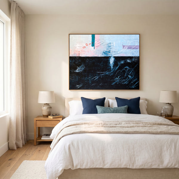 Moody Black Blue Abstract Wall Art — Large Original Oil Painting, Textured Canvas — "The South (Horizontal Ver.)"