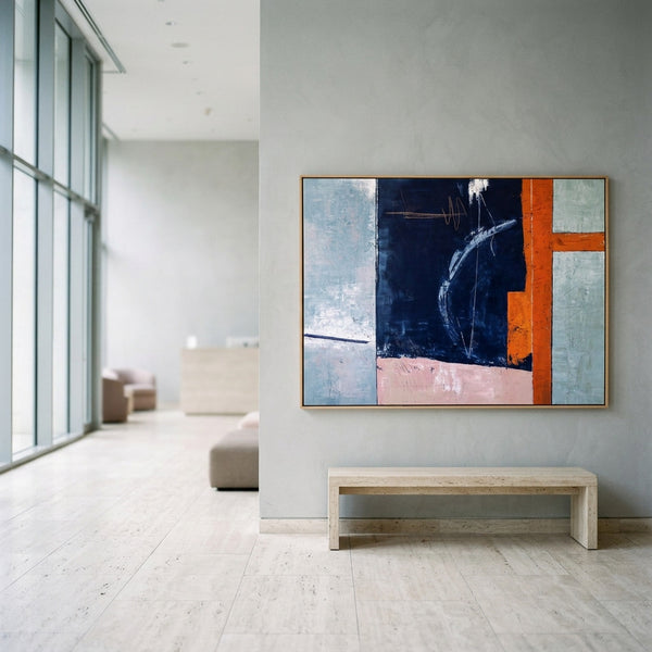 Moody Navy Abstract Wall Art — Large Original Oil Painting, Textured Canvas — "Composition A (Horizontal Ver.)"