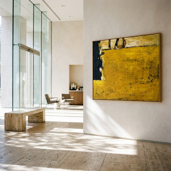 Yellow Abstract Wall Art — Modern Textured Original Oil Painting, Large Canvas — "Field of yellow (Horizontal Ver.)"