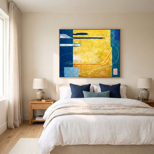 Large Yellow Teal Abstract Wall Art — Modern Original Oil Painting, Textured Canvas — "Summer time (Horizontal Ver.)"