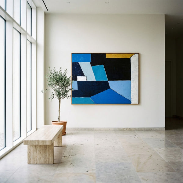 Bold Blue Geometric Abstract Wall Art — Modern Original Oil Painting, Textured Canvas — "Geometry II (Horizontal Ver.)"