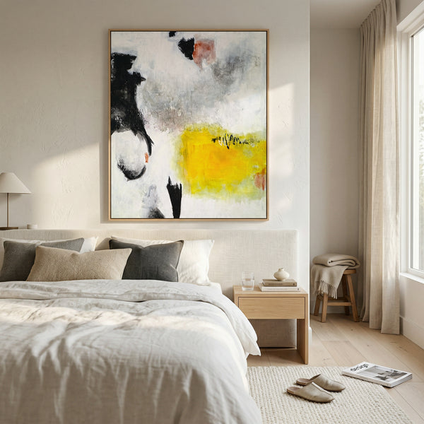 Oversized Black Yellow Abstract Wall Art — Original Oil Painting, Textured Canvas — "Sign (Vertical Ver.)"