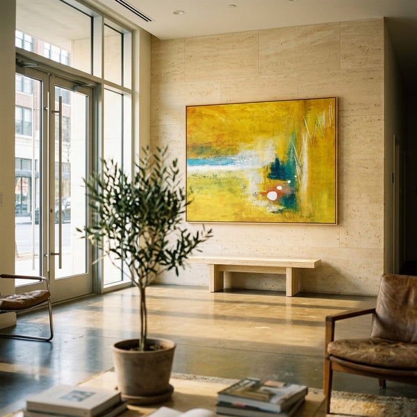 Vibrant Yellow Modern Abstract Wall Art — Original Textured Canvas Painting, Statement Large — "Ideation (Horizontal Ver.)"