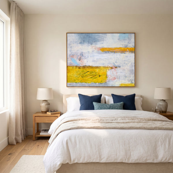 Vibrant Yellow Modern Abstract Wall Art — Original Oil Painting, Textured Canvas — "Yellow echo (Horizontal Ver.)"