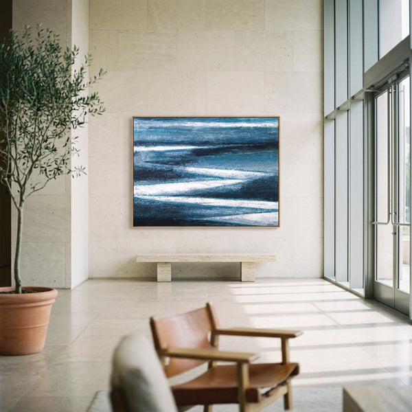 Moody Teal Abstract Wall Art — Large Original Oil Painting, Textured Canvas — "Channel (Horizontal Ver.)"