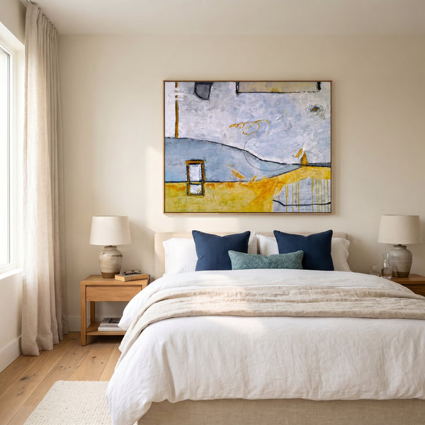 Abstract Wall Art, Yellow Modern Original Oil Painting — Large Textured Statement Canvas — "Yellow telephone booth (Horizontal Ver.)"