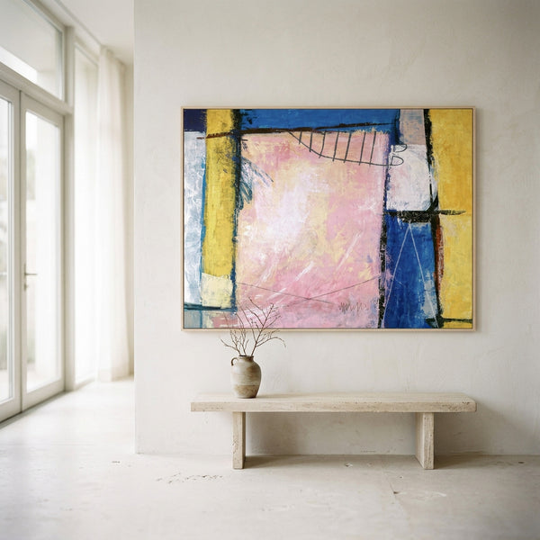 Pink Blue Abstract Wall Art — Large Original Oil Painting, Textured Canvas — "Hope (Horizontal Ver.)"