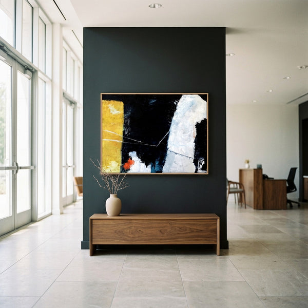 Moody Black Yellow Abstract Wall Art — Large Original Oil Painting, Textured Canvas — "Connection (Horizontal Ver.)"
