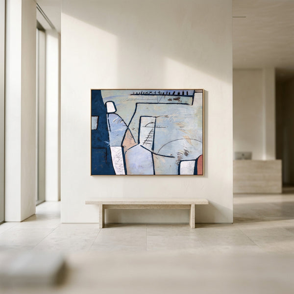 Cool Blue Modern Abstract Wall Art — Large Original Oil Painting, Textured Canvas — "Guess (Horizontal Ver.)"