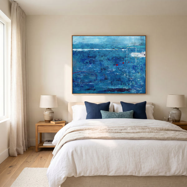Moody Blue Abstract Wall Art — Large Original Oil Painting, Textured Canvas — "Red dot transported (Horizontal Ver.)"