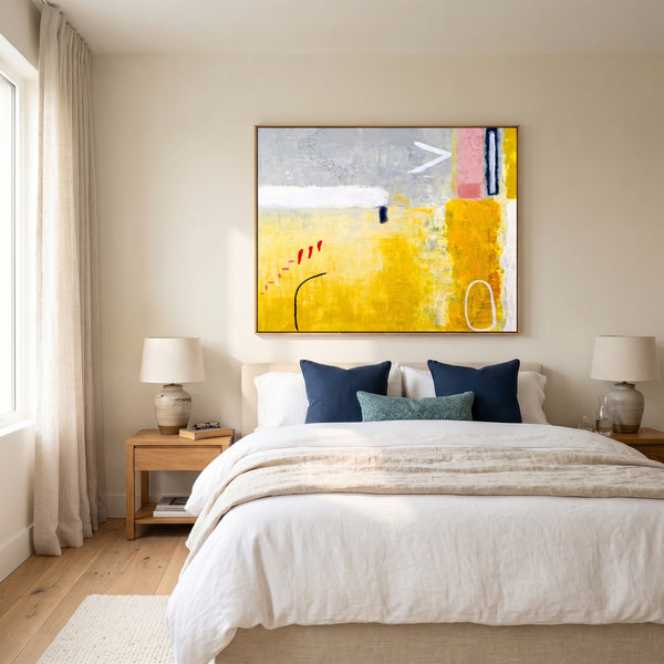 Yellow Modern Abstract Wall Art — Large Original Oil Painting, Textured Canvas — "Tuesday dream (Horizontal Ver.)"