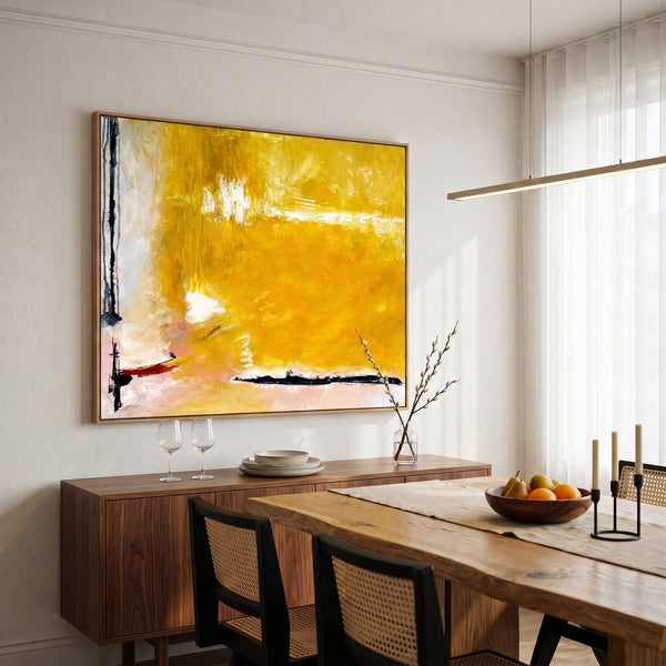 Large Yellow Modern Abstract Wall Art — Original Oil Painting, Textured Canvas — "Reminiscent (Horizontal Ver.)"