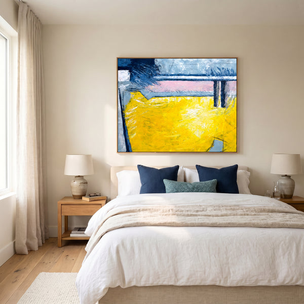 Large Yellow Modern Abstract Wall Art — Original Oil Painting, Textured Canvas — "Reinforce (Horizontal Ver.)"