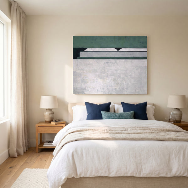 Large Moody Blue Abstract Wall Art — Original Oil Painting, Textured Canvas — "Room I (Horizontal Ver.)"