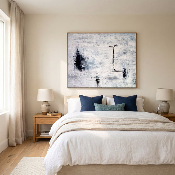 Large Abstract Wall Art — Minimalist Black White Original Oil Painting, Textured Canvas — "Trace (Horizontal Ver.)"