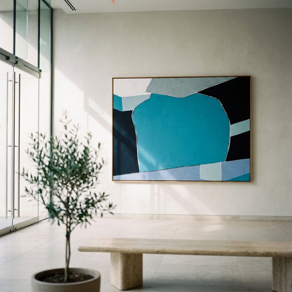 Bold Teal Geometric Abstract Wall Art — Original Oil Painting, Textured Canvas — "Geometry I (Horizontal Ver.)"