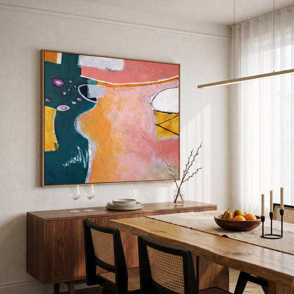 Vibrant Pink Modern Abstract Wall Art — Original Oil Painting, Textured Canvas — "Magician's table (Horizontal Ver.)"