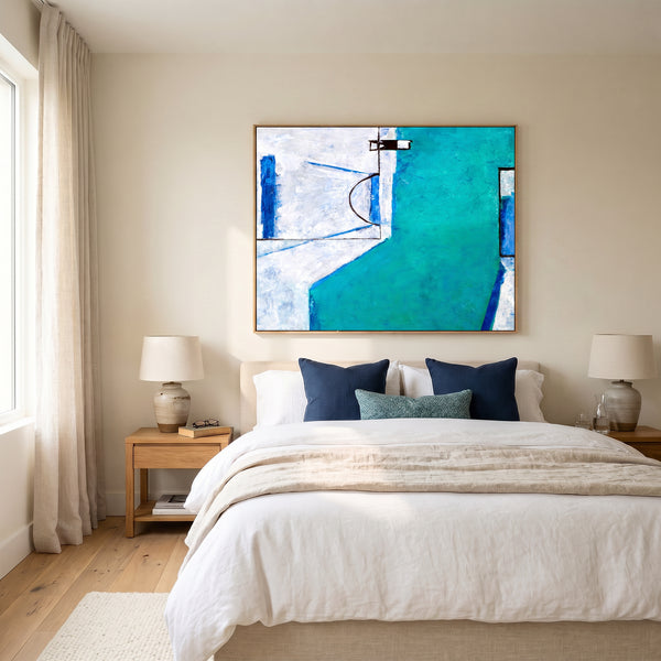 Teal Blue Bold Abstract Wall Art — Large Modern Original Oil Painting, Textured Canvas — "Out there (Horizontal Ver.)"