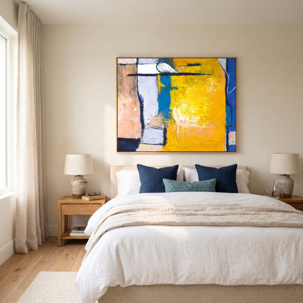 Vibrant Yellow Bold Abstract Wall Art — Modern Original Oil Painting, Textured Canvas — "Suburban (Horizontal Ver.)"