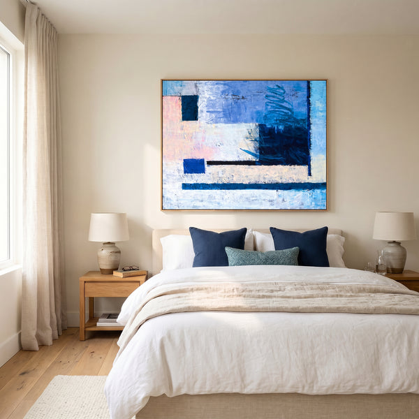 Cool Blue Bold Abstract Wall Art — Modern Original Oil Painting, Textured Canvas — "Window (Horizontal Ver.)"