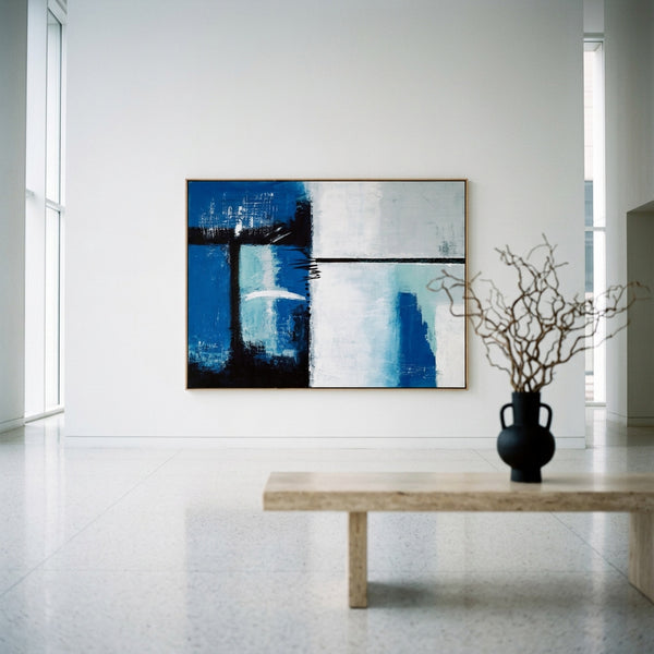 Bold Blue Modern Abstract Wall Art — Original Oil Painting, Textured Canvas — "Janus (Horizontal Ver.)"
