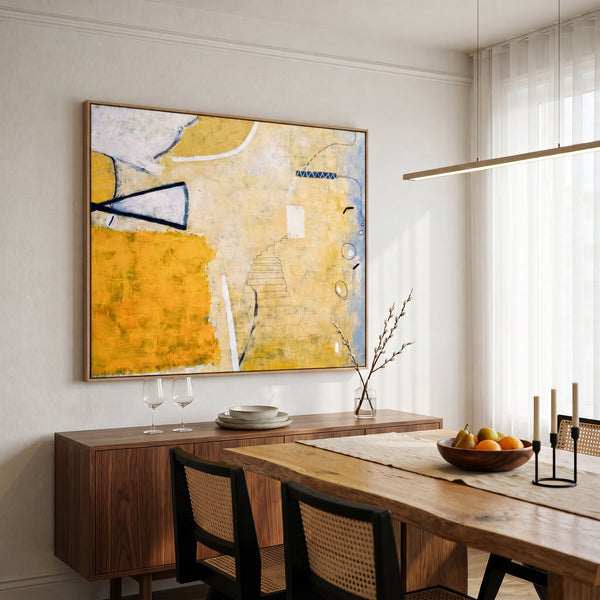 Large Yellow Minimalist Abstract Wall Art — Original Oil Painting, Textured Canvas — "Monday dream (Horizontal Ver.)"