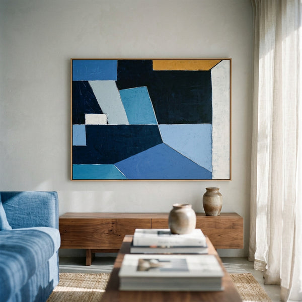 Bold Blue Geometric Abstract Wall Art — Modern Original Oil Painting, Textured Canvas — "Geometry II (Horizontal Ver.)"