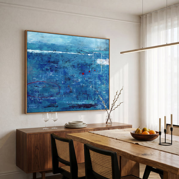 Moody Blue Abstract Wall Art — Large Original Oil Painting, Textured Canvas — "Red dot transported (Horizontal Ver.)"