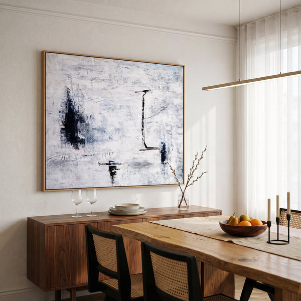 Large Abstract Wall Art — Minimalist Black White Original Oil Painting, Textured Canvas — "Trace (Horizontal Ver.)"