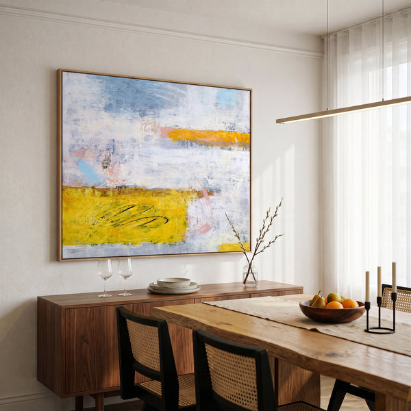 Vibrant Yellow Modern Abstract Wall Art — Original Oil Painting, Textured Canvas — "Yellow echo (Horizontal Ver.)"