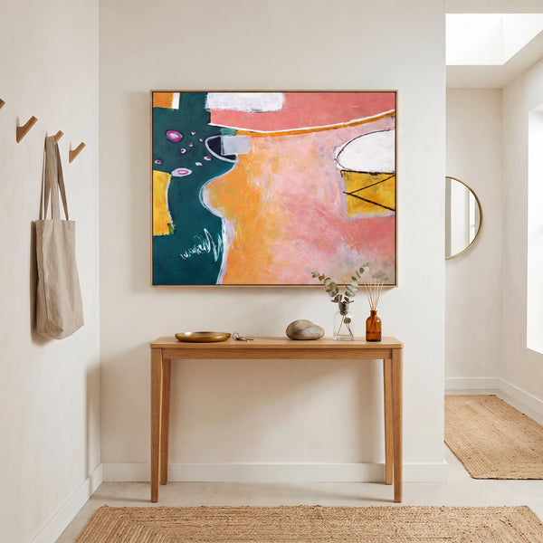 Vibrant Pink Modern Abstract Wall Art — Original Oil Painting, Textured Canvas — "Magician's table (Horizontal Ver.)"