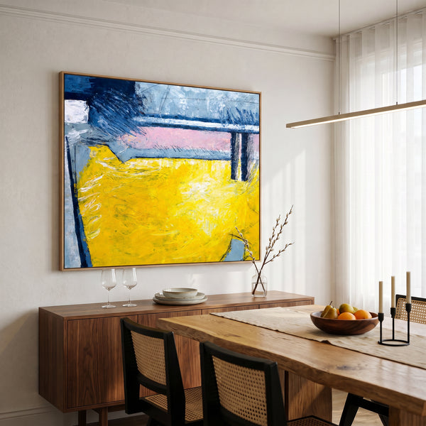 Large Yellow Modern Abstract Wall Art — Original Oil Painting, Textured Canvas — "Reinforce (Horizontal Ver.)"