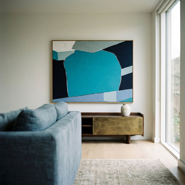 Bold Teal Geometric Abstract Wall Art — Original Oil Painting, Textured Canvas — "Geometry I (Horizontal Ver.)"