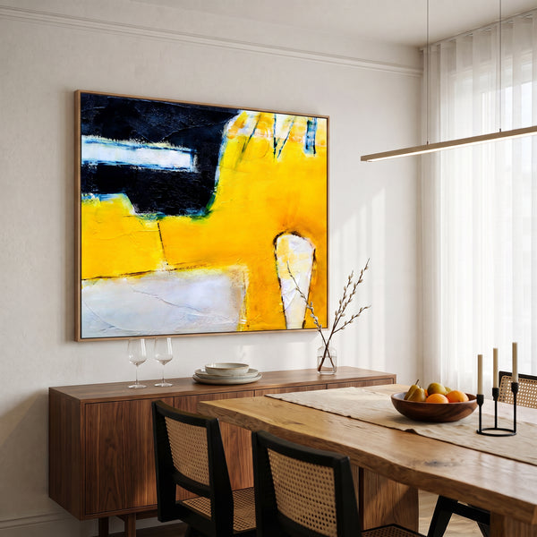Abstract Wall Art — Large Yellow Black Modern Original Oil Painting, Textured Canvas — "Neo (Horizontal Ver.)"