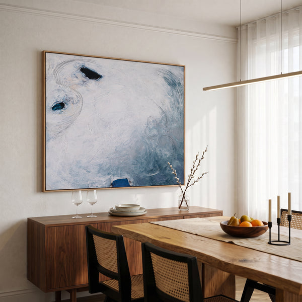 Serene Blue Minimalist Abstract Wall Art — Original Oil Painting, Textured Canvas Statement — "A little piece of moon (Horizontal Ver.)"