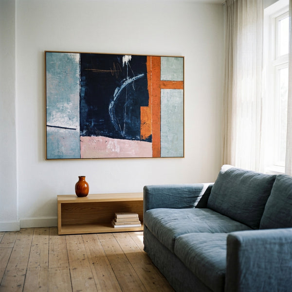 Moody Navy Abstract Wall Art — Large Original Oil Painting, Textured Canvas — "Composition A (Horizontal Ver.)"