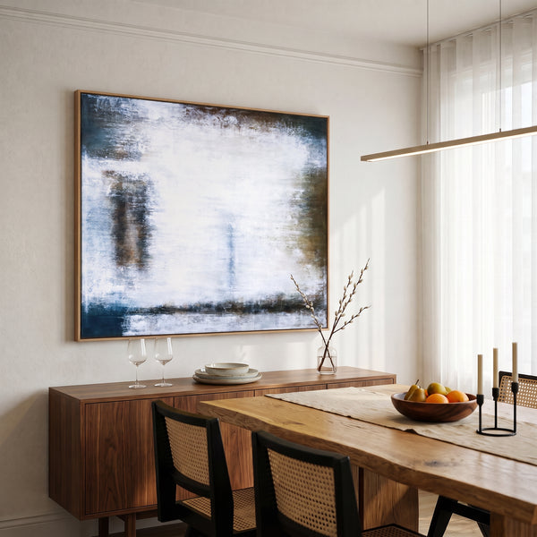 Moody White Abstract Wall Art — Large Original Oil Painting, Textured Canvas — "Waiting (Horizontal Ver.)"