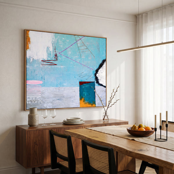 Large Moody Blue Abstract Wall Art — Original Oil Painting, Textured Canvas — "Tale III (Horizontal Ver.)"